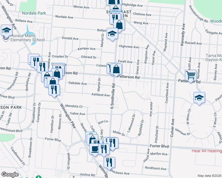 map of restaurants, bars, coffee shops, grocery stores, and more near 1343 Ashland Avenue in Dayton