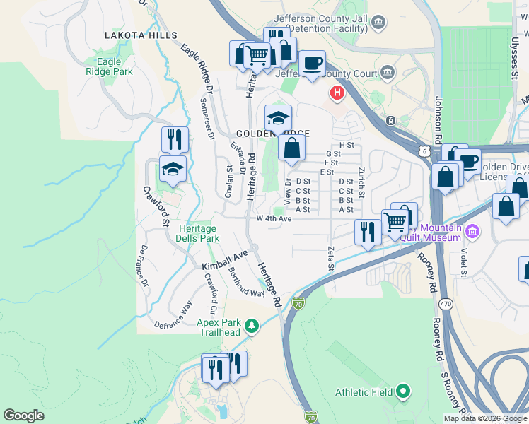 map of restaurants, bars, coffee shops, grocery stores, and more near 18505 West 4th Place in Golden