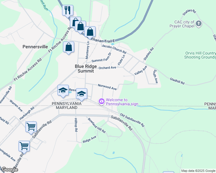 map of restaurants, bars, coffee shops, grocery stores, and more near 15377 Norwood Avenue in Blue Ridge Summit