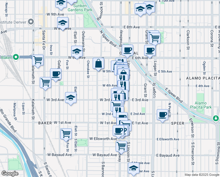 map of restaurants, bars, coffee shops, grocery stores, and more near 360 Acoma Street in Denver