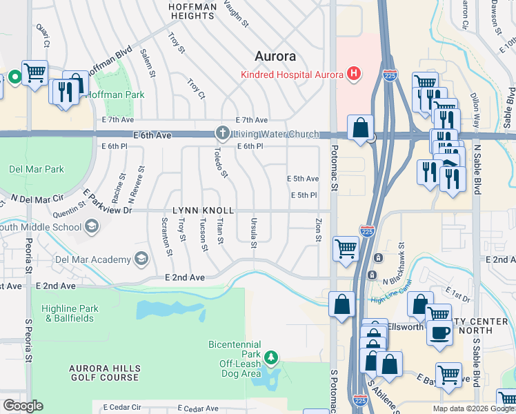 map of restaurants, bars, coffee shops, grocery stores, and more near 361 Ursula Street in Aurora
