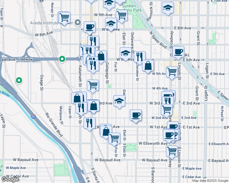 map of restaurants, bars, coffee shops, grocery stores, and more near 329 Fox Street in Denver