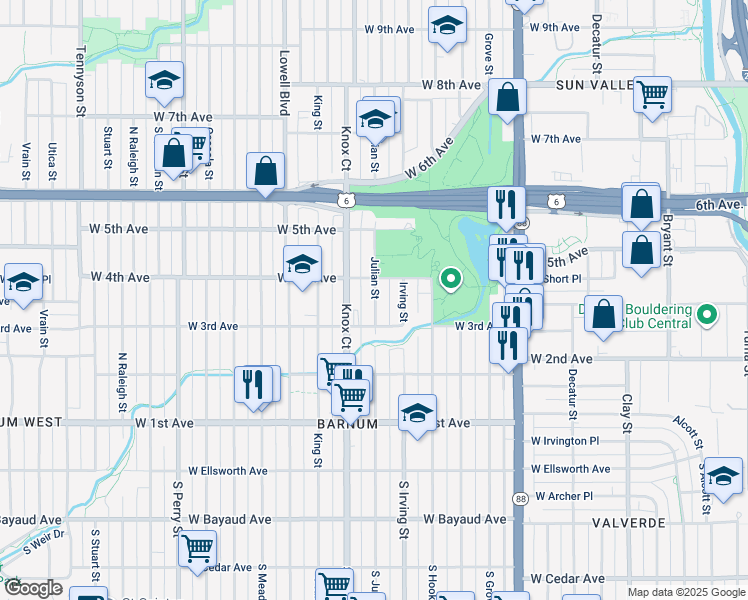 map of restaurants, bars, coffee shops, grocery stores, and more near 301 Julian Street in Denver