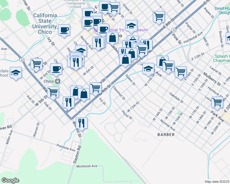 map of restaurants, bars, coffee shops, grocery stores, and more near 1014 Chestnut Street in Chico