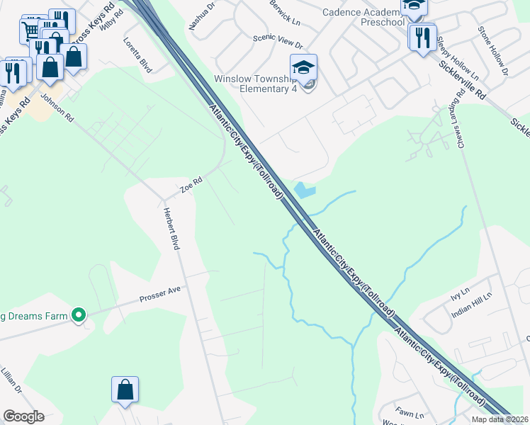 map of restaurants, bars, coffee shops, grocery stores, and more near 572 Zoe Road in Sicklerville