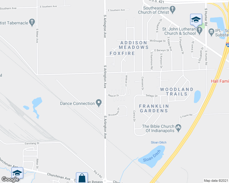 map of restaurants, bars, coffee shops, grocery stores, and more near 6039 Wildcat Drive in Indianapolis