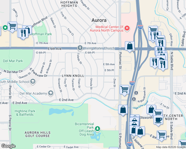 map of restaurants, bars, coffee shops, grocery stores, and more near 361 Ursula Street in Aurora
