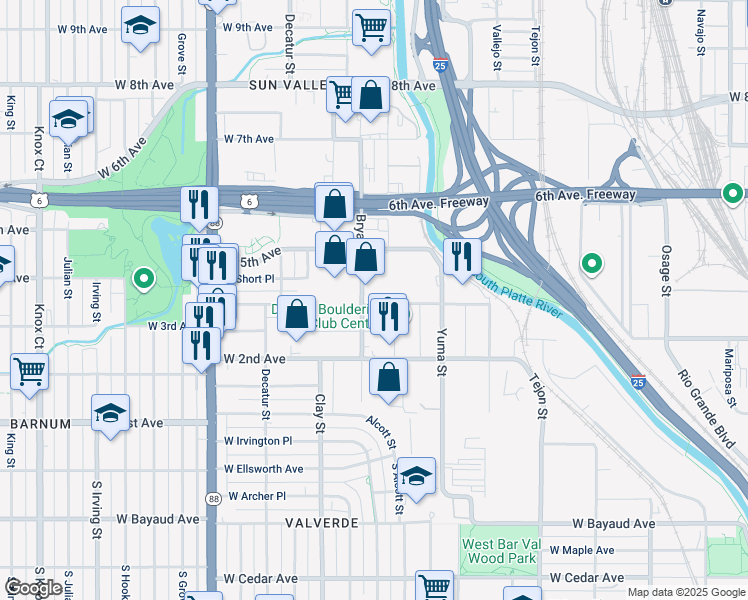 map of restaurants, bars, coffee shops, grocery stores, and more near 400 Bryant Street in Denver