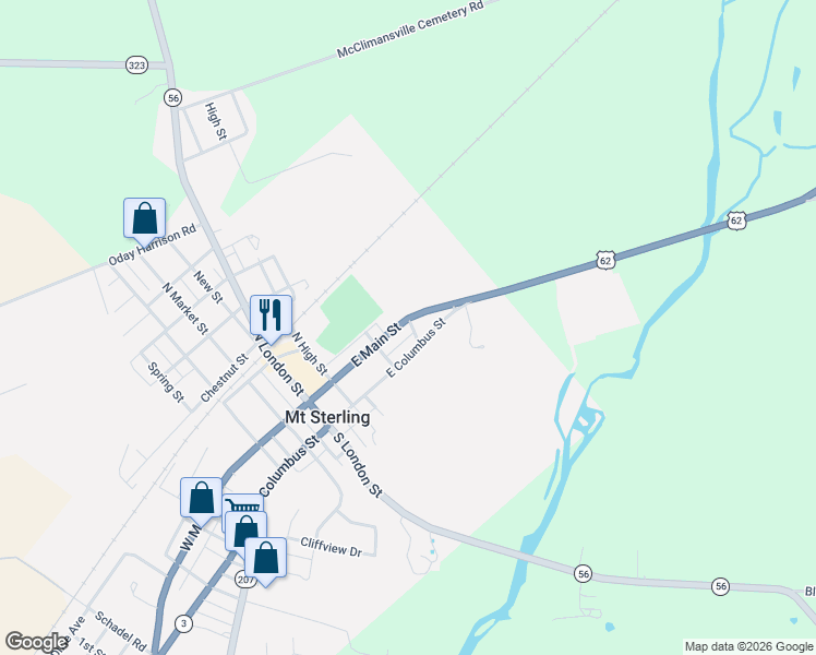 map of restaurants, bars, coffee shops, grocery stores, and more near 168 East Columbus Street in Mount Sterling