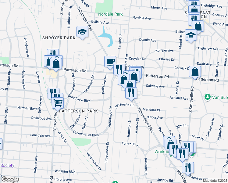 map of restaurants, bars, coffee shops, grocery stores, and more near 1308 Broadview Boulevard in Dayton