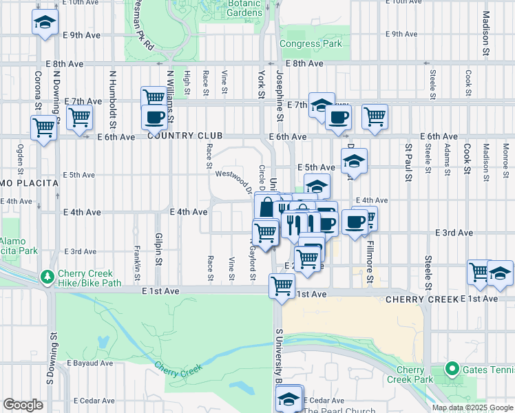 map of restaurants, bars, coffee shops, grocery stores, and more near 321 North Gaylord Street in Denver