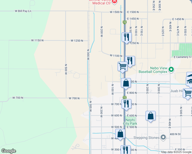 map of restaurants, bars, coffee shops, grocery stores, and more near 954 North 100 West in Nephi
