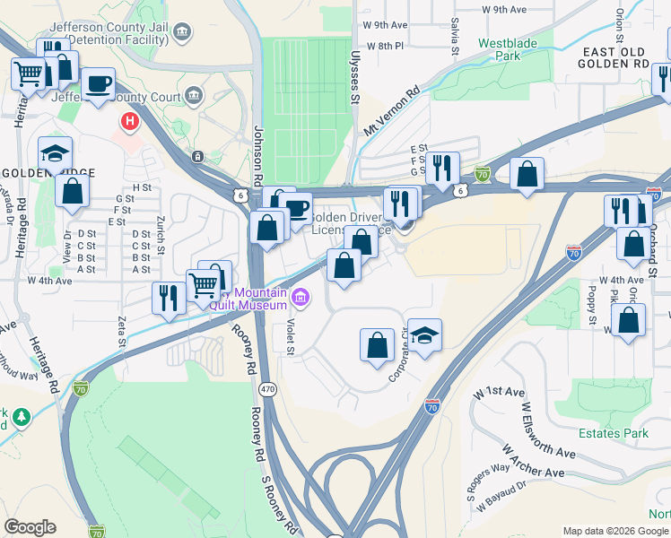 map of restaurants, bars, coffee shops, grocery stores, and more near 17250 West Colfax Avenue in Golden