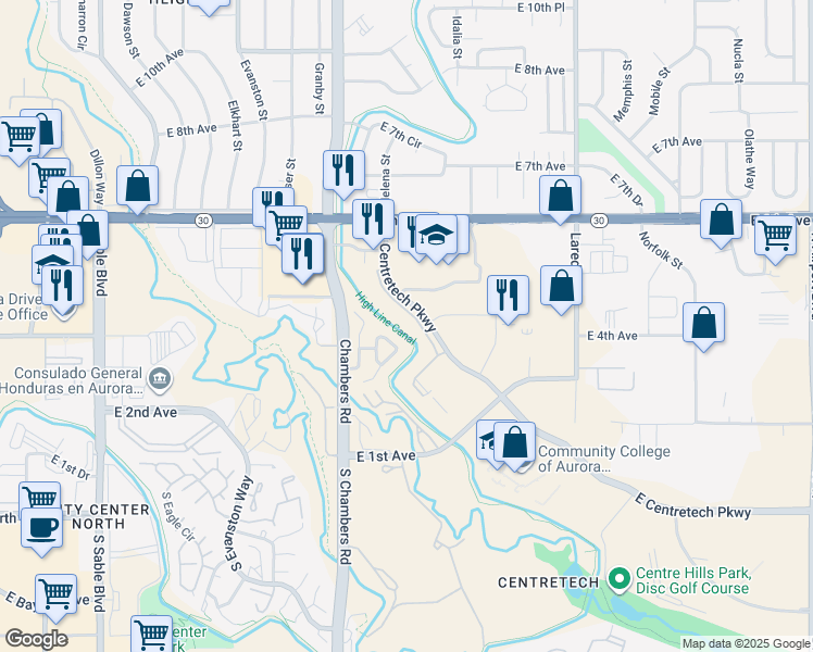 map of restaurants, bars, coffee shops, grocery stores, and more near 475 North Helena Court in Aurora
