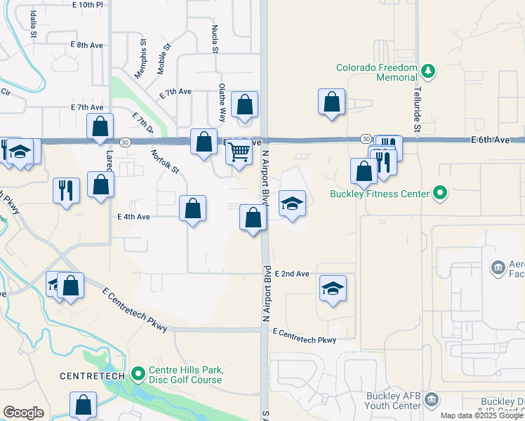 map of restaurants, bars, coffee shops, grocery stores, and more near 391-423 N Airport Blvd in Aurora