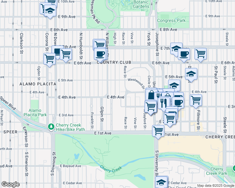 map of restaurants, bars, coffee shops, grocery stores, and more near 419 Race Street in Denver