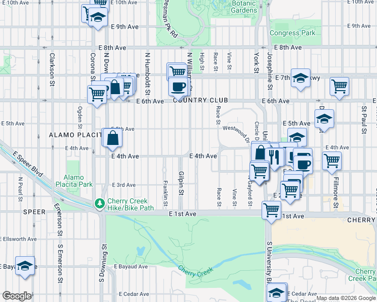 map of restaurants, bars, coffee shops, grocery stores, and more near 456 North Williams Street in Denver
