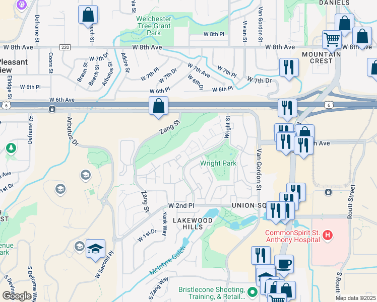 map of restaurants, bars, coffee shops, grocery stores, and more near 439 Wright Street in Lakewood