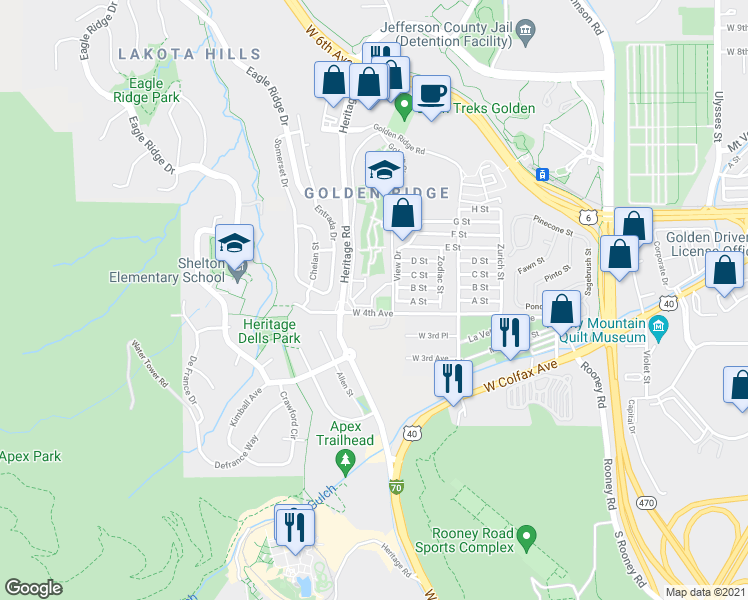 map of restaurants, bars, coffee shops, grocery stores, and more near 449 Antero Street in Golden