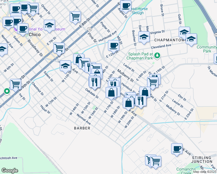 map of restaurants, bars, coffee shops, grocery stores, and more near in Chico