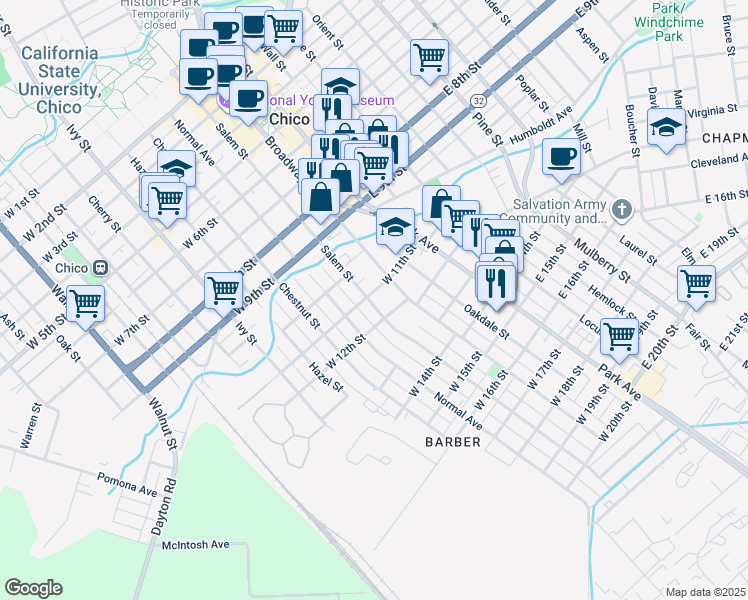 map of restaurants, bars, coffee shops, grocery stores, and more near 1054 Broadway Street in Chico