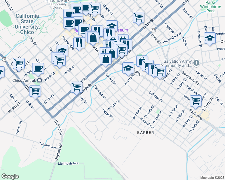 map of restaurants, bars, coffee shops, grocery stores, and more near 986 Salem Street in Chico