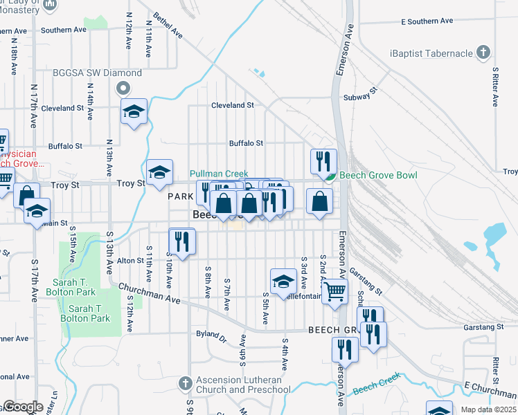map of restaurants, bars, coffee shops, grocery stores, and more near 77 North 6th Avenue in Beech Grove