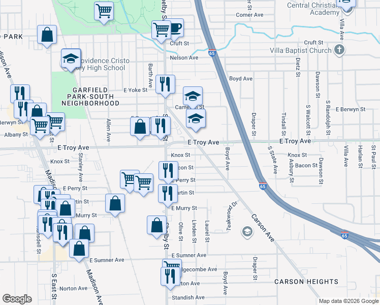 map of restaurants, bars, coffee shops, grocery stores, and more near in Indianapolis