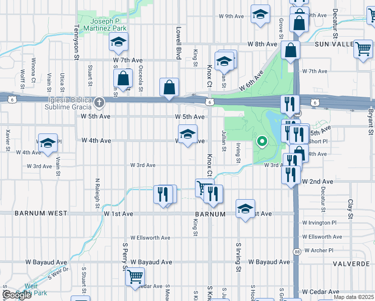 map of restaurants, bars, coffee shops, grocery stores, and more near 325 King Street in Denver