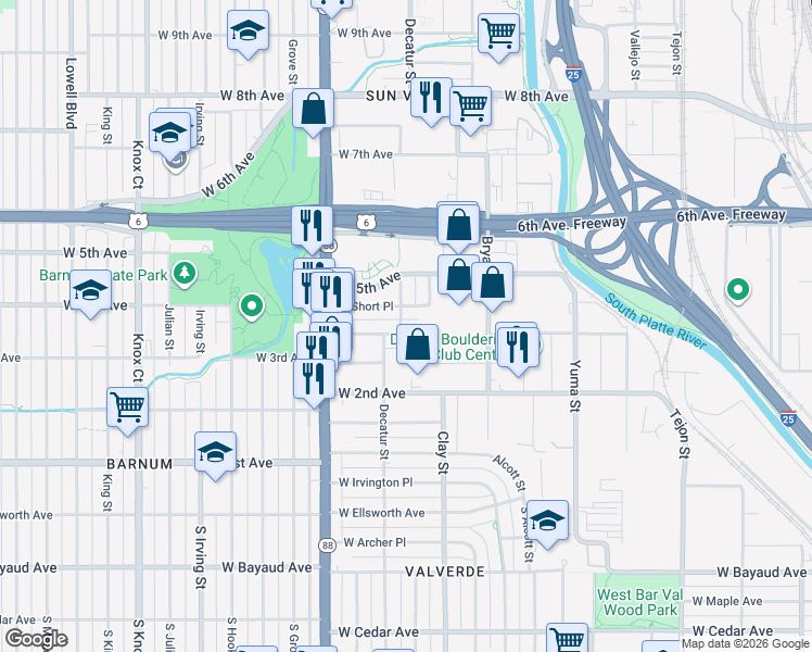 map of restaurants, bars, coffee shops, grocery stores, and more near 2809 West Short Place in Denver