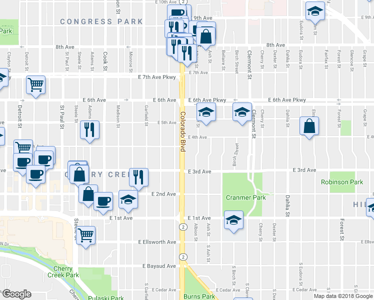 map of restaurants, bars, coffee shops, grocery stores, and more near 360 Colorado Boulevard in Denver