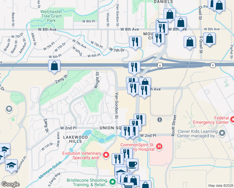 map of restaurants, bars, coffee shops, grocery stores, and more near 405 Urban Street in Lakewood