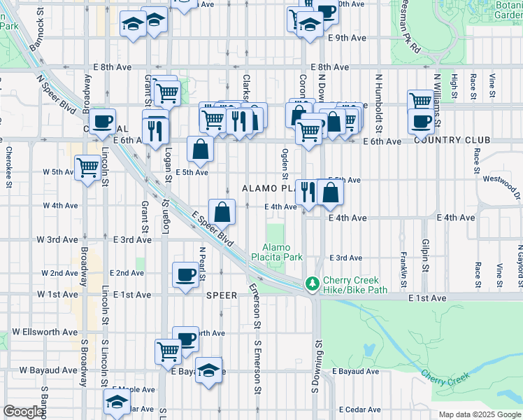 map of restaurants, bars, coffee shops, grocery stores, and more near in Denver
