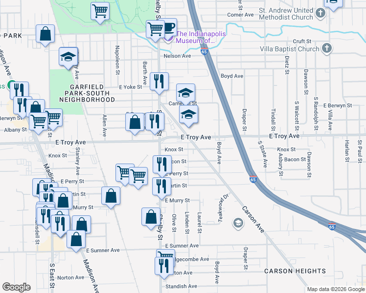 map of restaurants, bars, coffee shops, grocery stores, and more near in Indianapolis