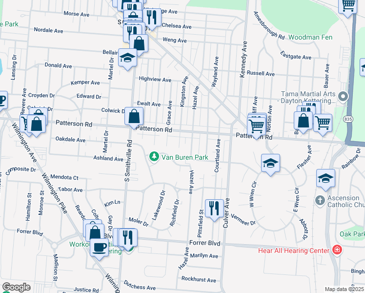 map of restaurants, bars, coffee shops, grocery stores, and more near 1805 Hazel Avenue in Dayton