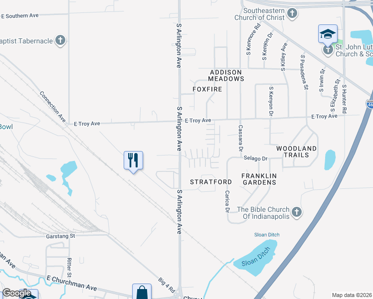 map of restaurants, bars, coffee shops, grocery stores, and more near 6022 Wildcat Drive in Indianapolis