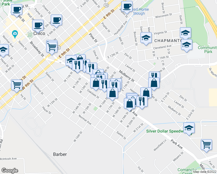 map of restaurants, bars, coffee shops, grocery stores, and more near 1520 Locust Street in Chico