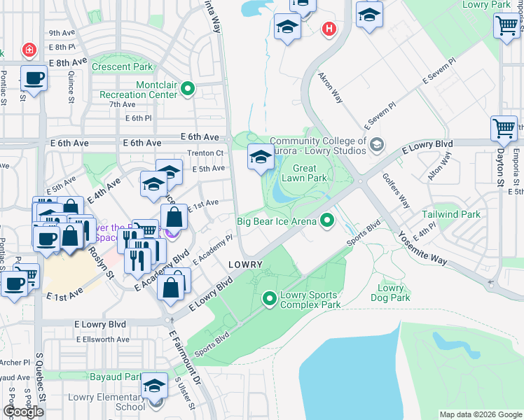 map of restaurants, bars, coffee shops, grocery stores, and more near 507-539 Uinta Way in Denver