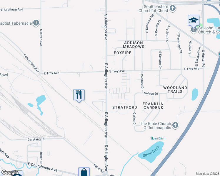 map of restaurants, bars, coffee shops, grocery stores, and more near 3101 South Arlington Avenue in Indianapolis