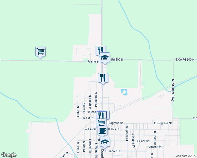 map of restaurants, bars, coffee shops, grocery stores, and more near 525 North Vine Street in Arthur