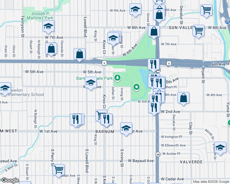 map of restaurants, bars, coffee shops, grocery stores, and more near 354 Julian Street in Denver