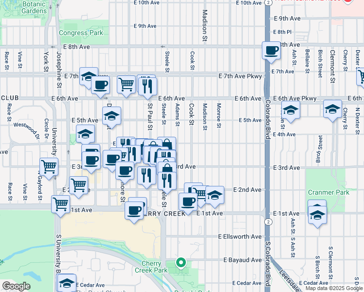map of restaurants, bars, coffee shops, grocery stores, and more near 432 Cook Street in Denver