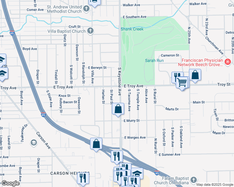 map of restaurants, bars, coffee shops, grocery stores, and more near 3020 South Keystone Avenue in Indianapolis