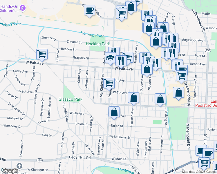 map of restaurants, bars, coffee shops, grocery stores, and more near 745 Pierce Avenue in Lancaster