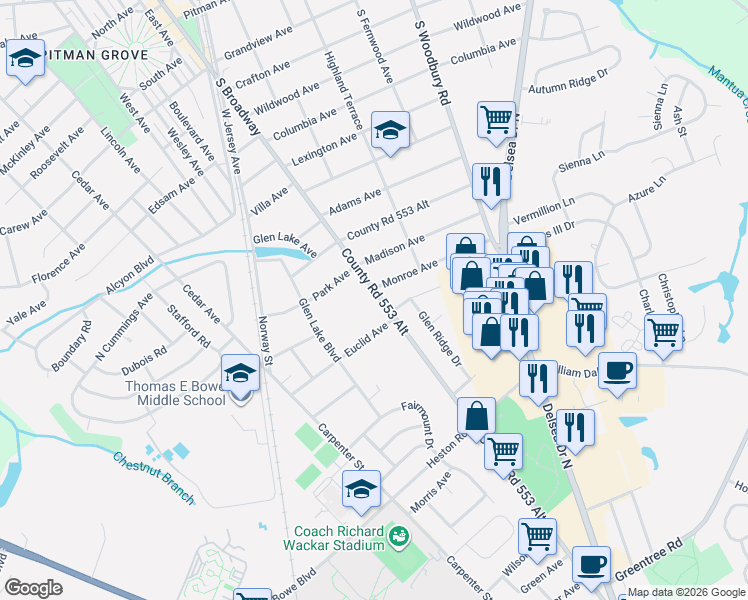 map of restaurants, bars, coffee shops, grocery stores, and more near 1011 North Main Street in Pitman