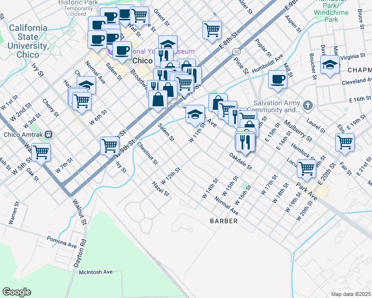 map of restaurants, bars, coffee shops, grocery stores, and more near 239 West 11th Street in Chico