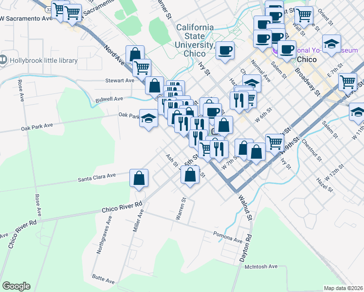 map of restaurants, bars, coffee shops, grocery stores, and more near 349 Oak Street in Chico