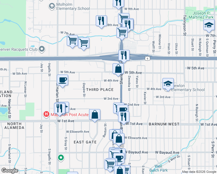 map of restaurants, bars, coffee shops, grocery stores, and more near 5330 West 4th Avenue in Lakewood