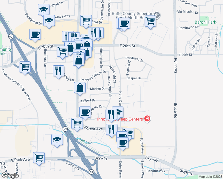 map of restaurants, bars, coffee shops, grocery stores, and more near 2081 Marilyn Drive in Chico