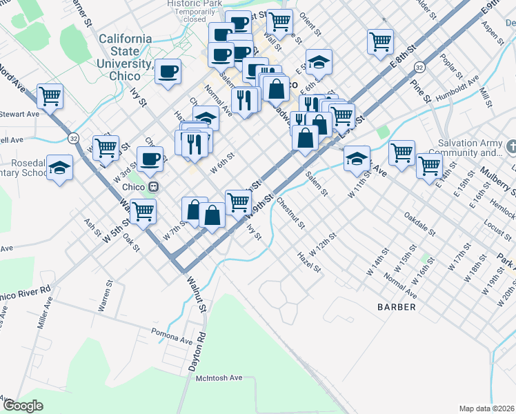 map of restaurants, bars, coffee shops, grocery stores, and more near West 9th Street & Hazel Street in Chico